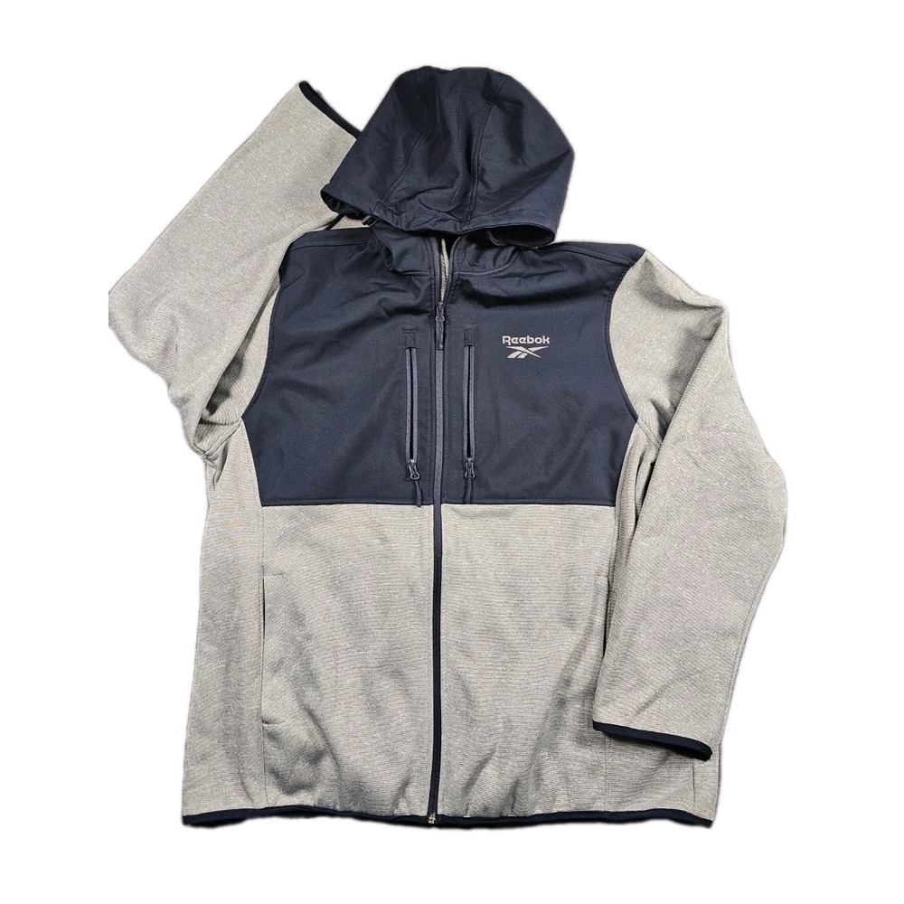 Reebok Outerwear Stretch Fleece Hooded Jacket Mens 2XL Blue Grey Full‎ Zip